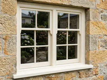 Freshly painted cream timber window frames in a sandstone cottage wall