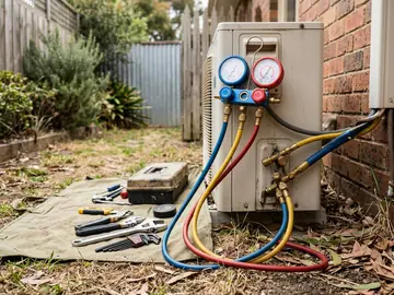 Service gauges and hoses connected to an outdoor air conditioner unit